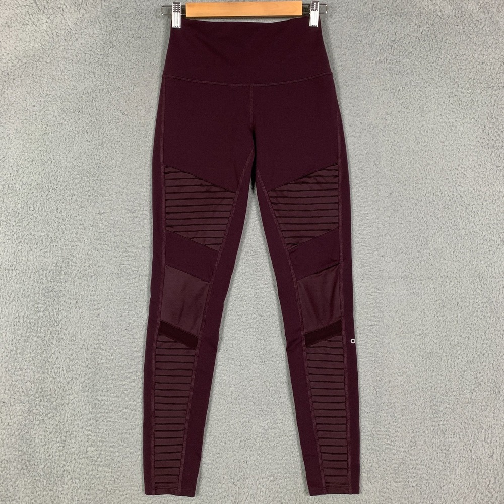 Alo Yoga Moto‎ Legging Women's Small Black Cherry High-Waist Ribbed Panel Active - Picture 2 of 9